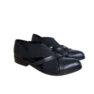 Strategia Black Leather Elastic Strappy Pointed Toe Flat Shoes Women Size 39